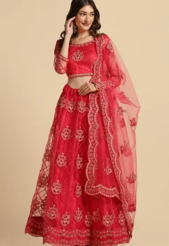 Embroidered Net Lehenga in Pink