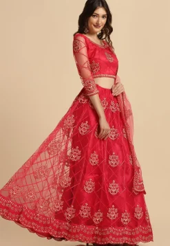 Embroidered Net Lehenga in Pink