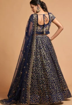 Embroidered Net Lehenga in Navy Blue