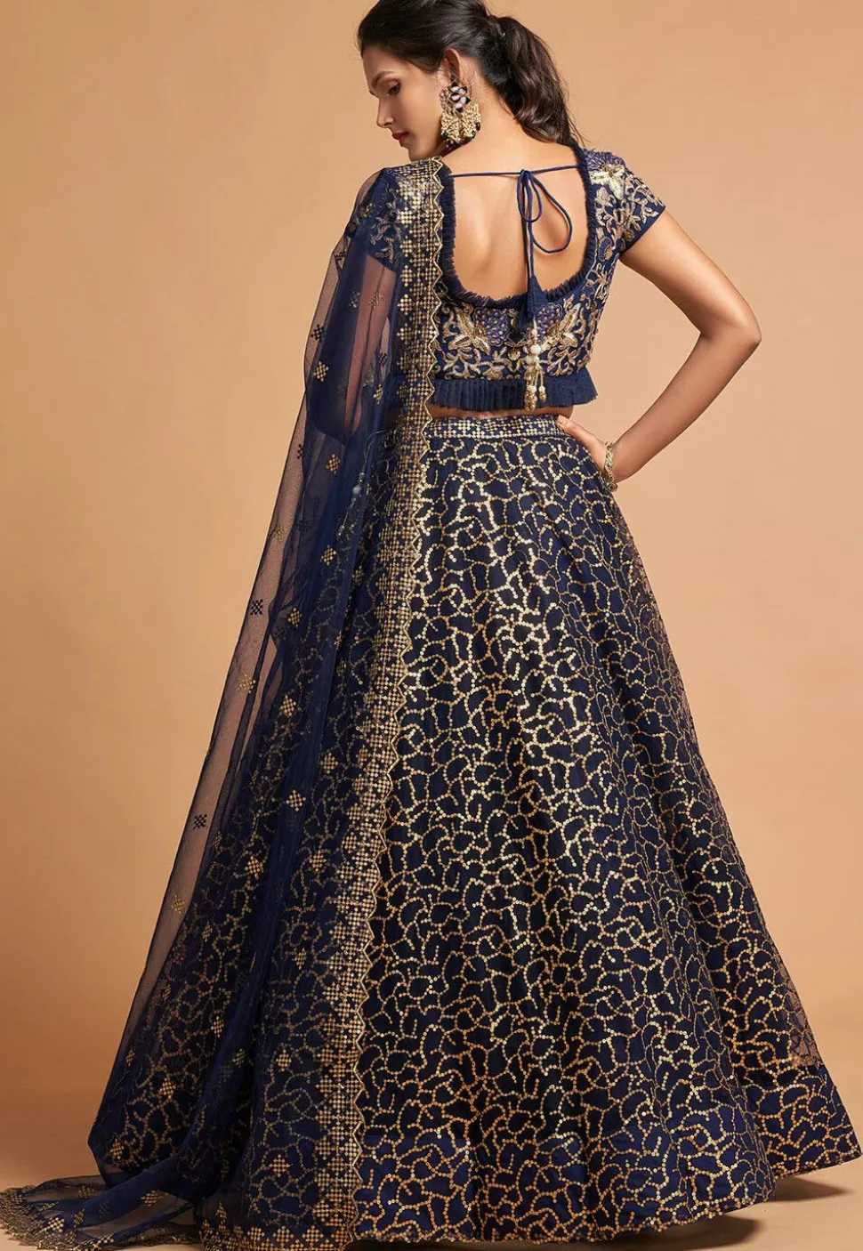 Embroidered Net Lehenga in Navy Blue