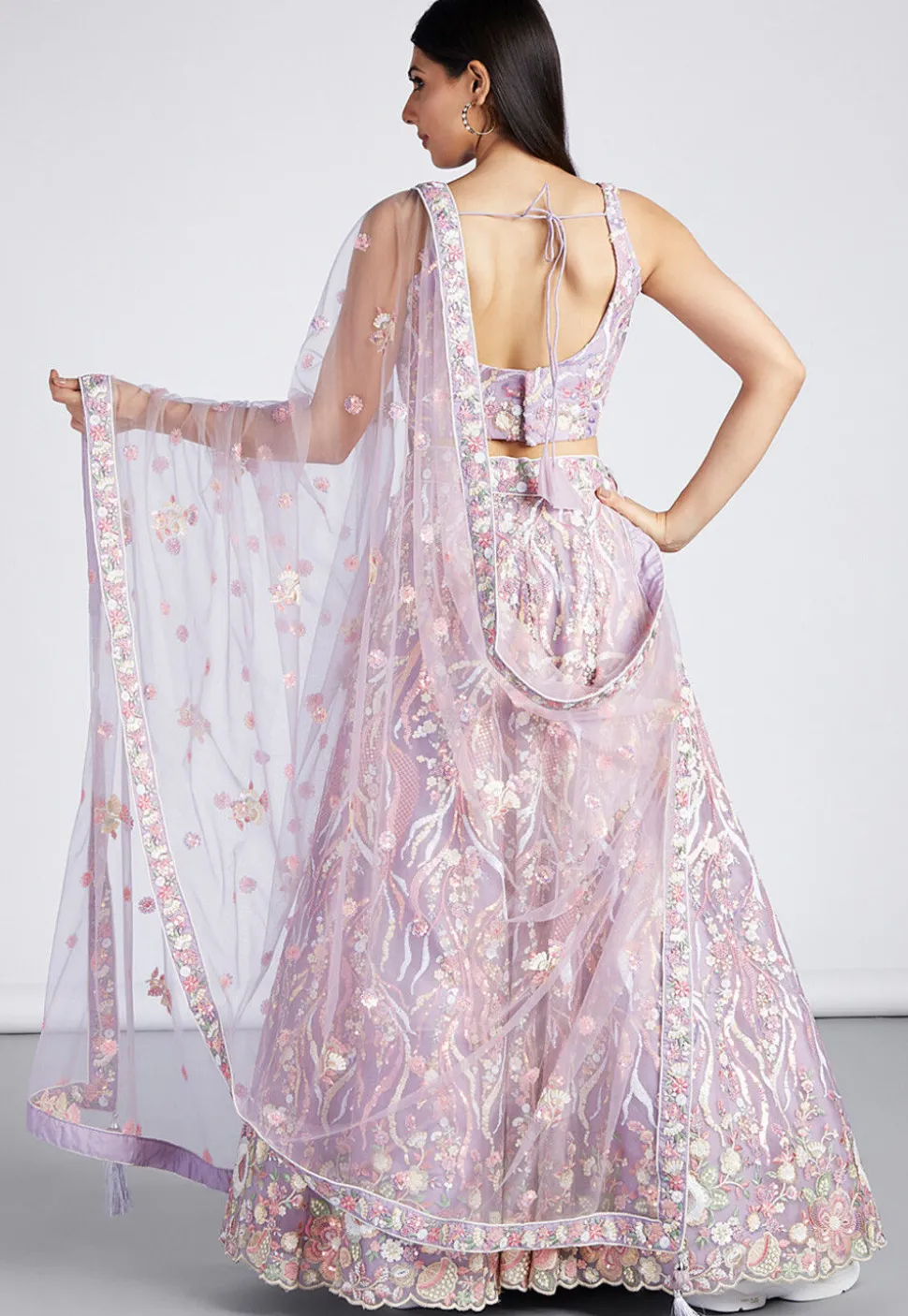 Embroidered Net Lehenga in Light Purple