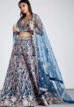 Embroidered Net Lehenga in Teal Blue