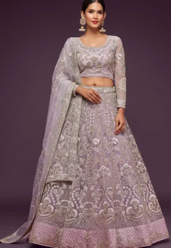 Embroidered Net Lehenga in Light Purple