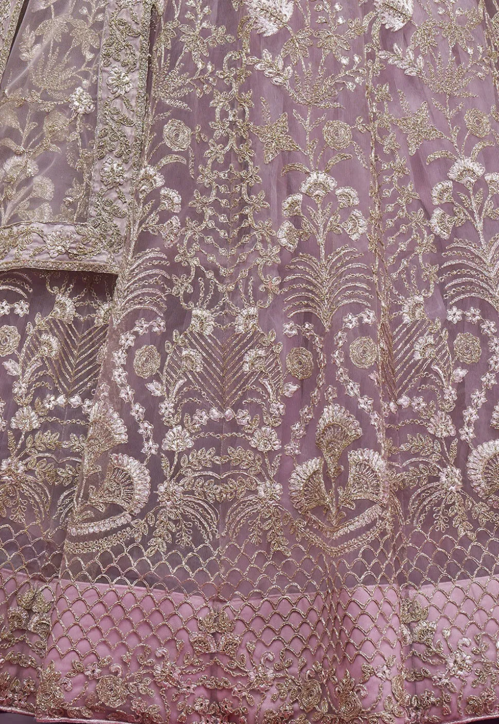 Embroidered Net Lehenga in Light Purple