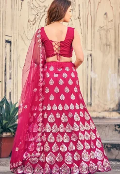 Embroidered Net Lehenga in Fuchsia