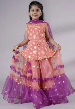 Embroidered Net Lehenga in Peach and Purple