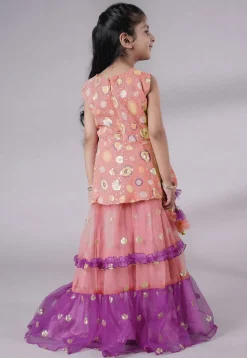 Embroidered Net Lehenga in Peach and Purple