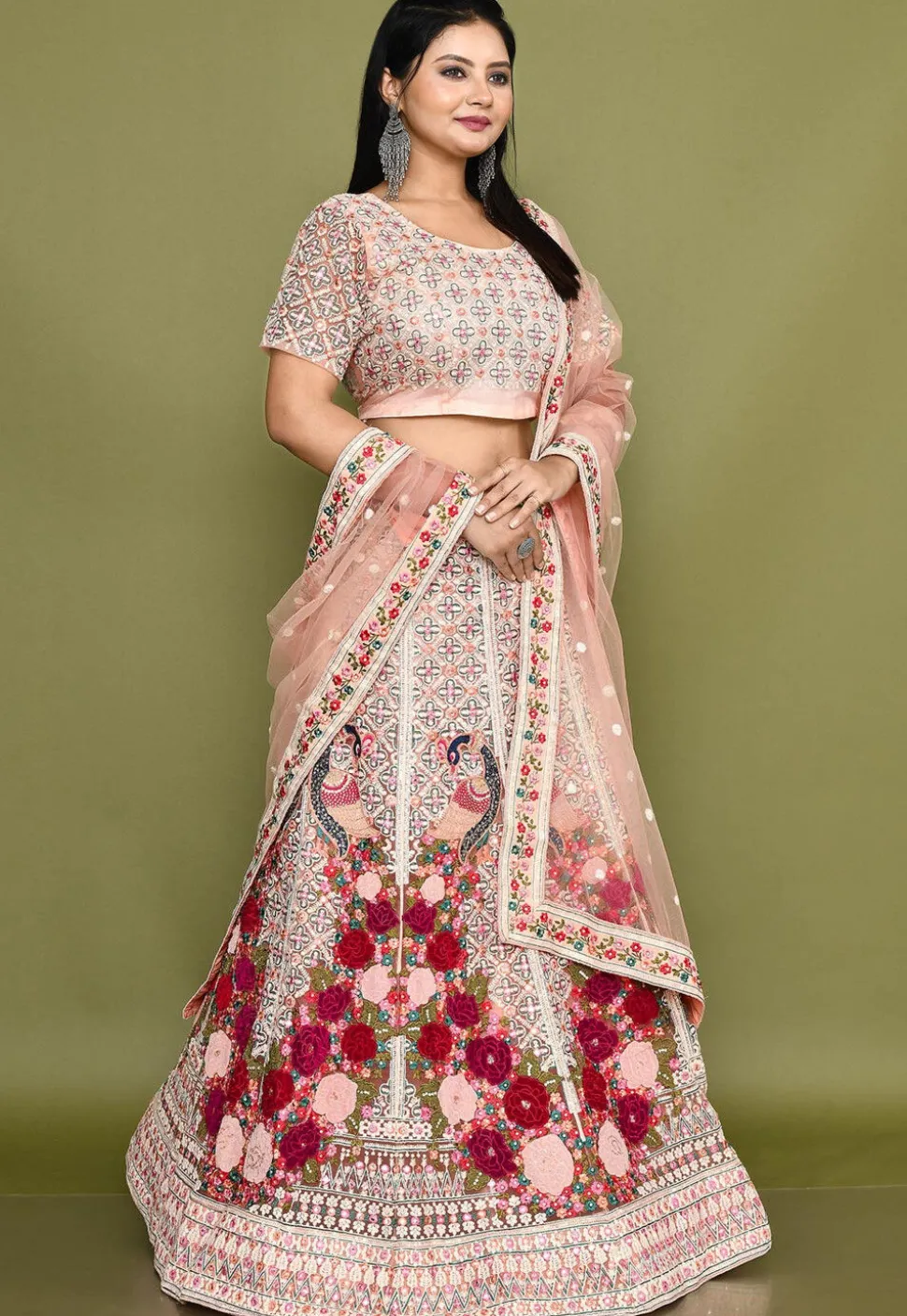 Embroidered Net Lehenga in Peach