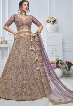 Embroidered Net Lehenga in Dusty Purple