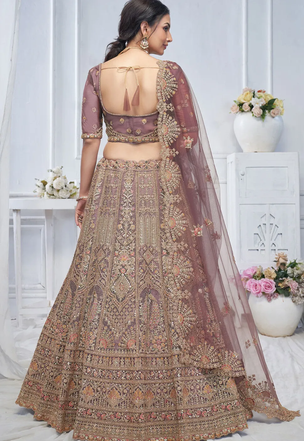 Embroidered Net Lehenga in Dusty Purple