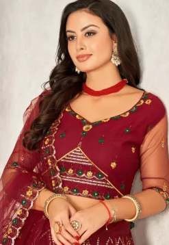Embroidered Net Lehenga in Maroon