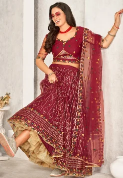 Embroidered Net Lehenga in Maroon
