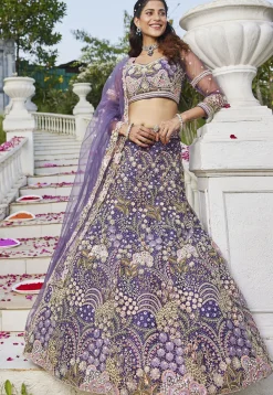 Embroidered Net Lehenga in Purple