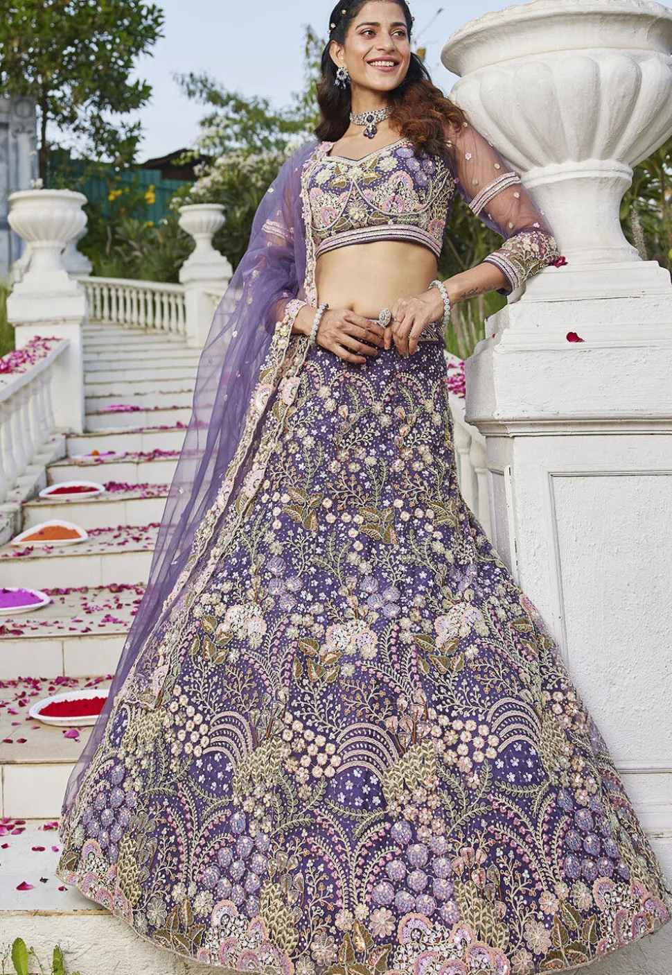 Embroidered Net Lehenga in Purple