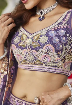 Embroidered Net Lehenga in Purple