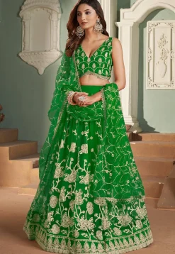 Embroidered Net Lehenga in Green