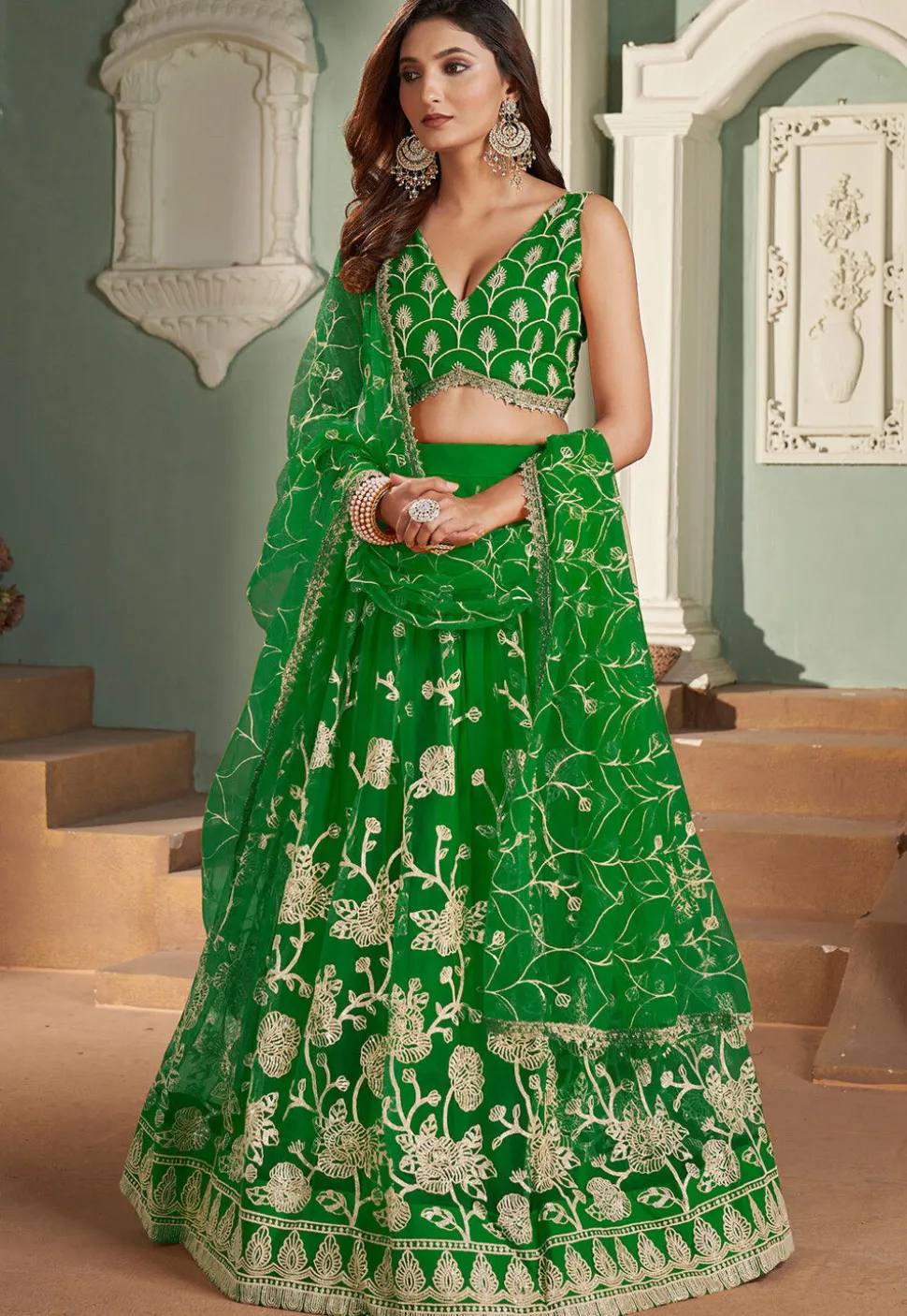 Embroidered Net Lehenga in Green