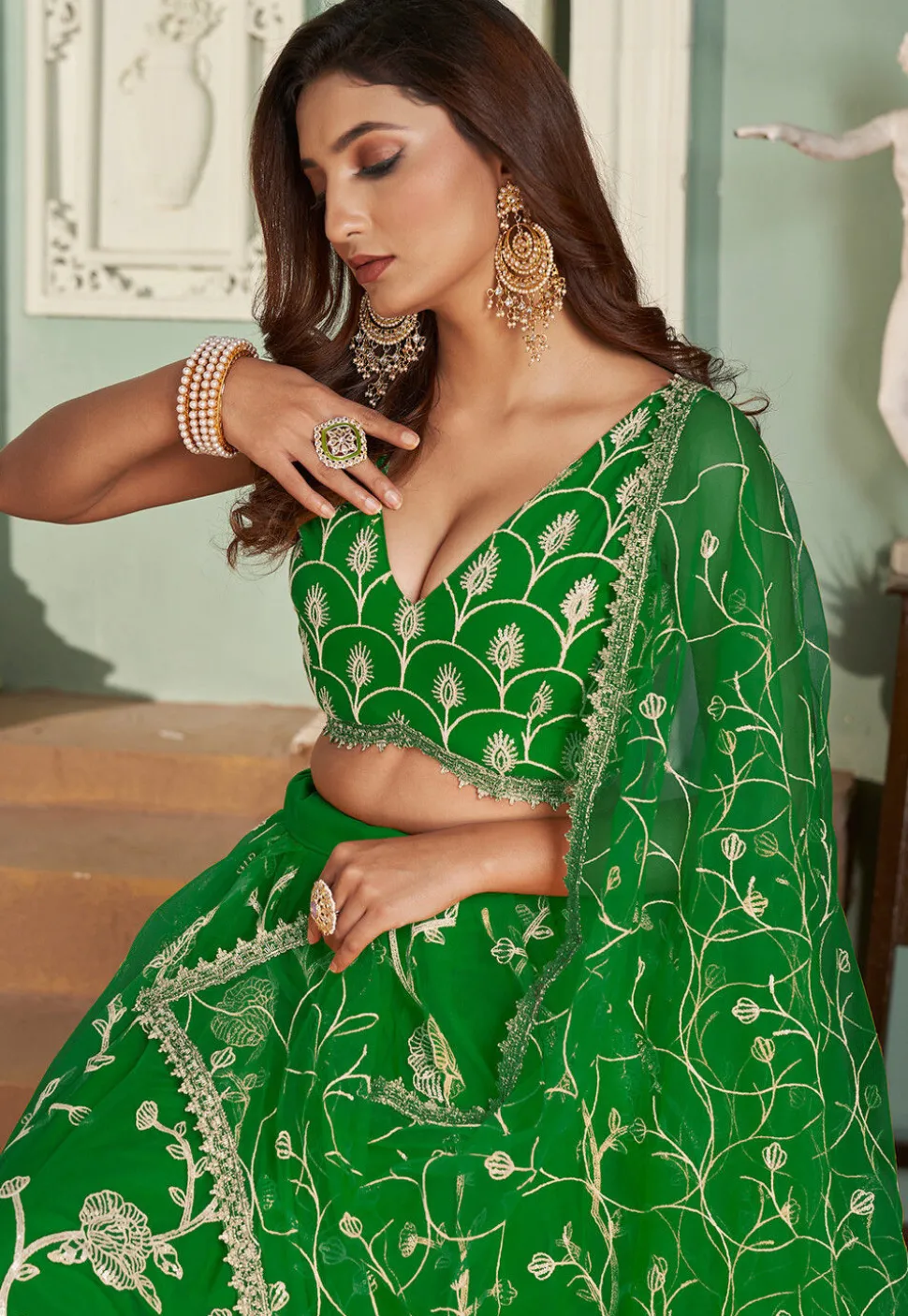 Embroidered Net Lehenga in Green