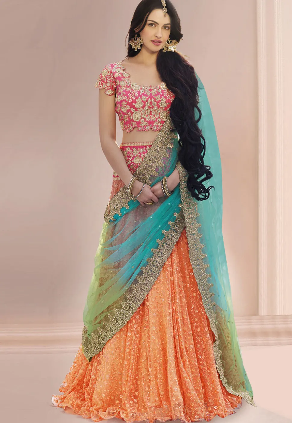 Embroidered Net Lehenga in Peach