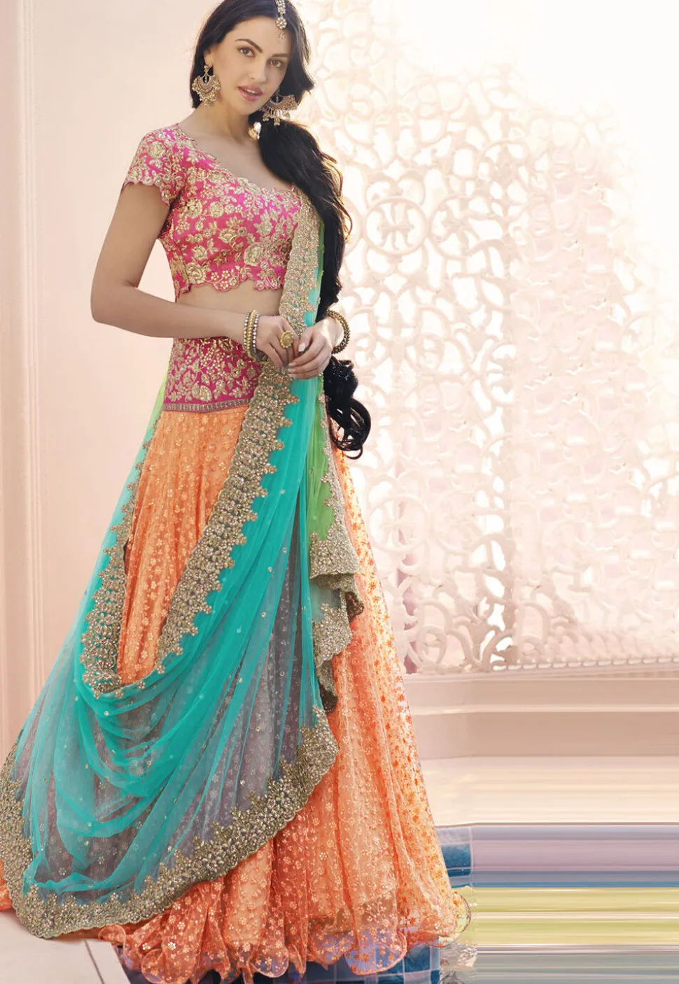 Embroidered Net Lehenga in Peach