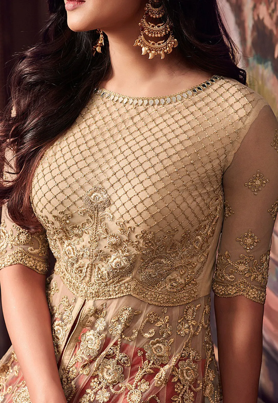 Embroidered Net Lehenga in Beige and Red
