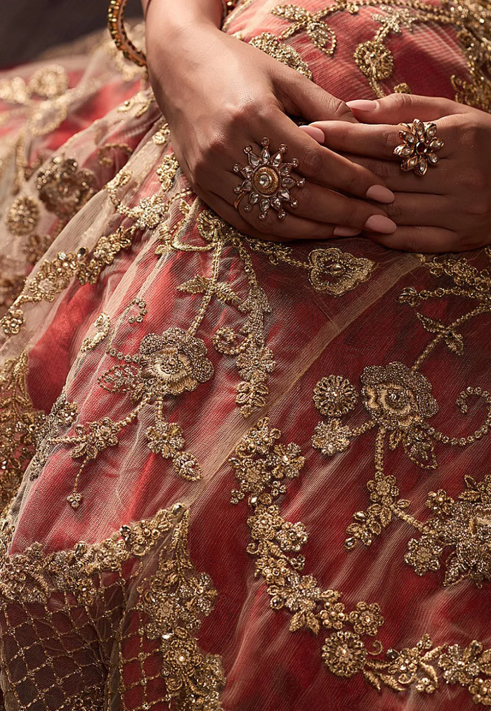 Embroidered Net Lehenga in Beige and Red