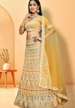 Embroidered Net Lehenga in Yellow