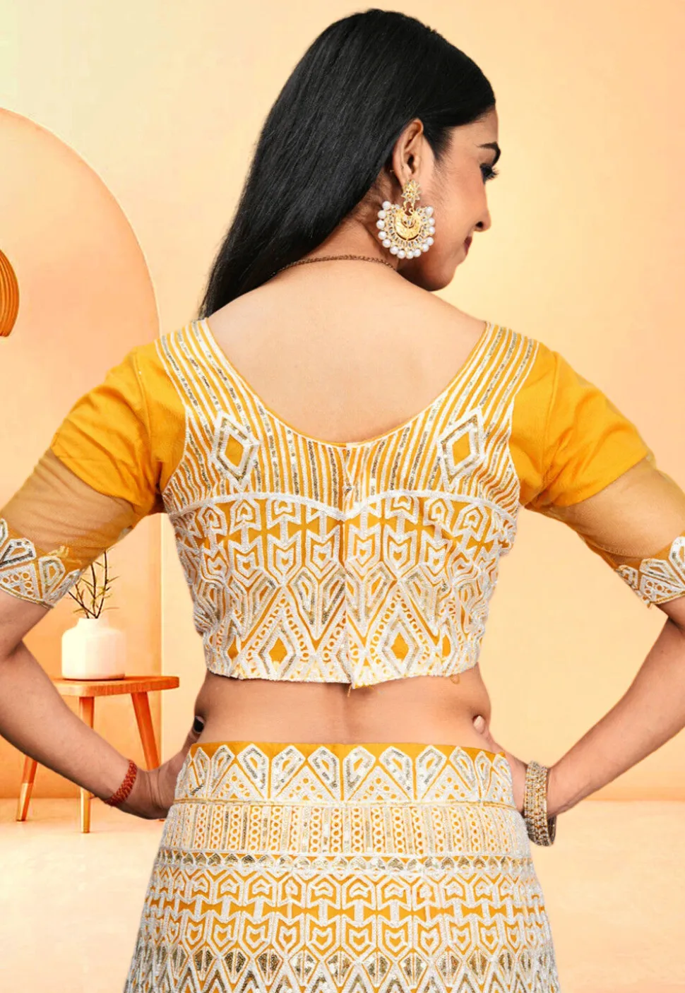 Embroidered Net Lehenga in Yellow