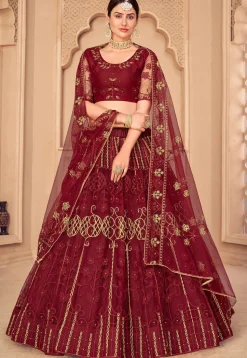 Embroidered Net Lehenga in Maroon