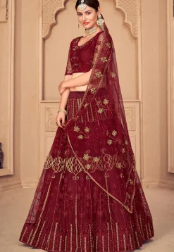 Embroidered Net Lehenga in Maroon