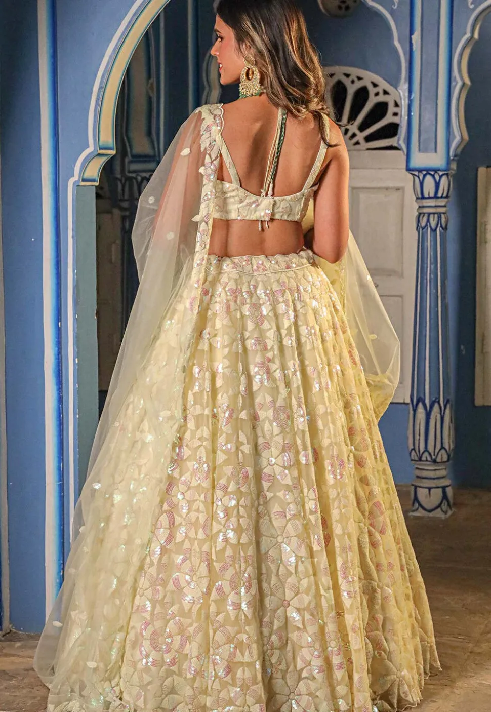 Embroidered Net Lehenga in Beige