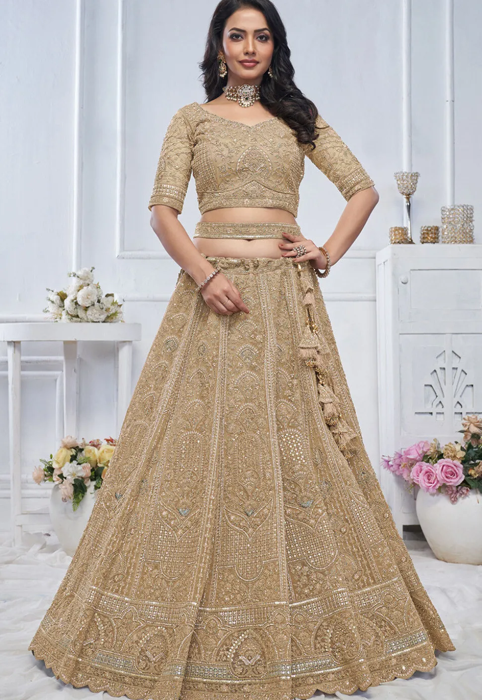 Embroidered Net Lehenga in Beige