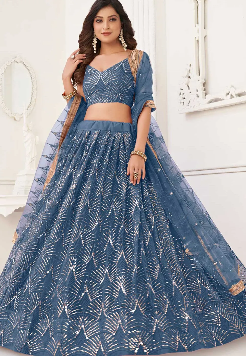 Embroidered Net Lehenga in Blue