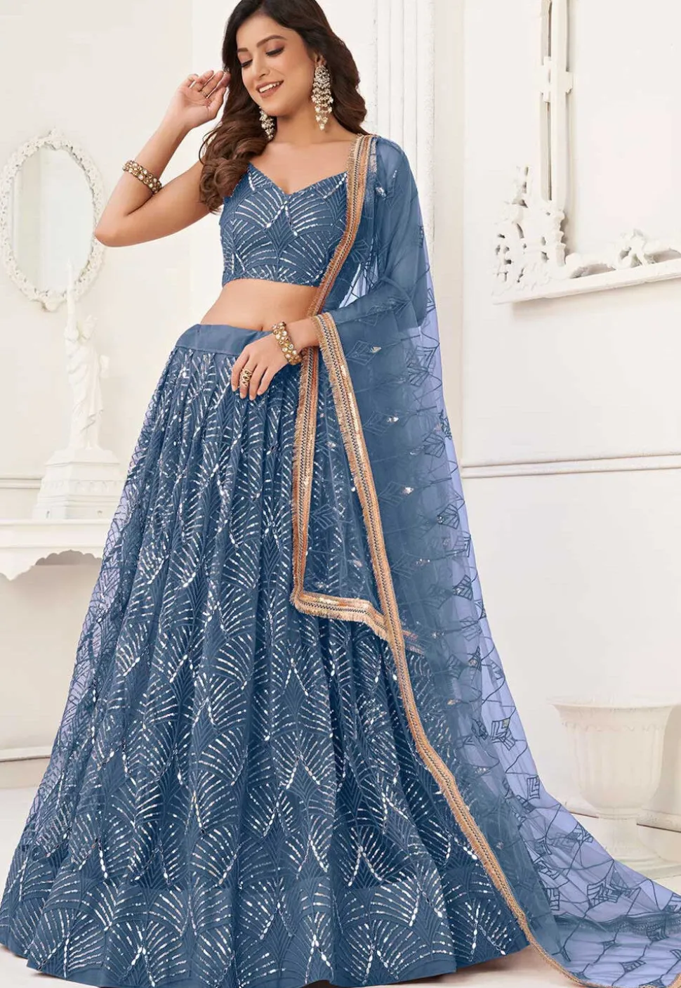 Embroidered Net Lehenga in Blue