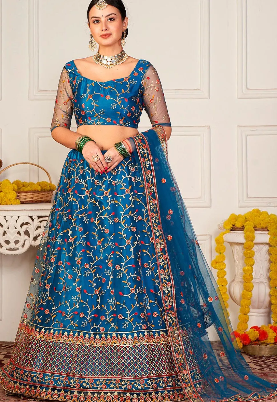 Embroidered Net Lehenga in Teal Blue