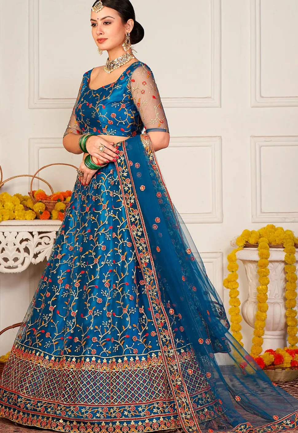 Embroidered Net Lehenga in Teal Blue