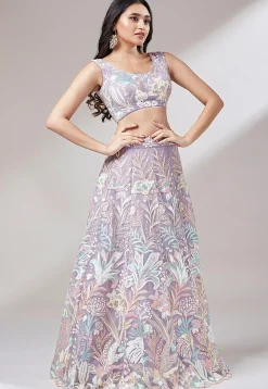 Embroidered Net Lehenga in Light Purple