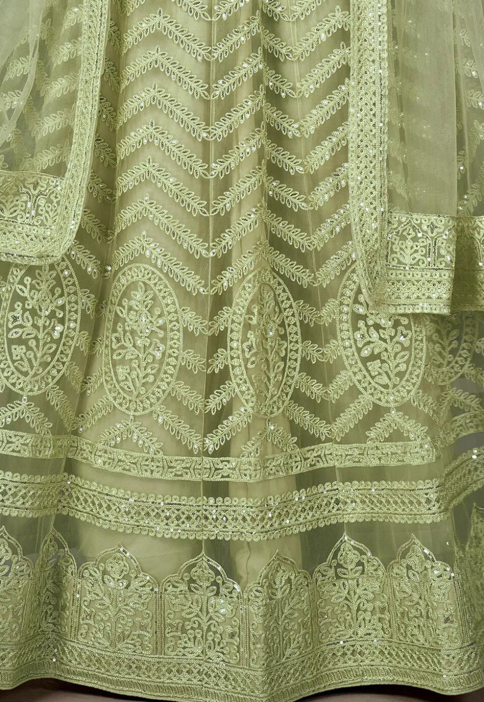 Embroidered Net Lehenga in Light Green