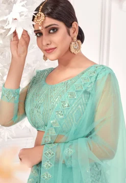 Embroidered Net Lehenga in Sea Green