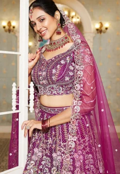 Embroidered Net Lehenga in Wine
