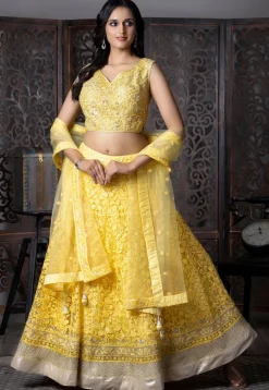 Embroidered Net Lehenga in Yellow