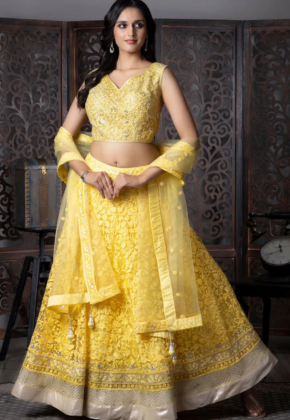 Embroidered Net Lehenga in Yellow
