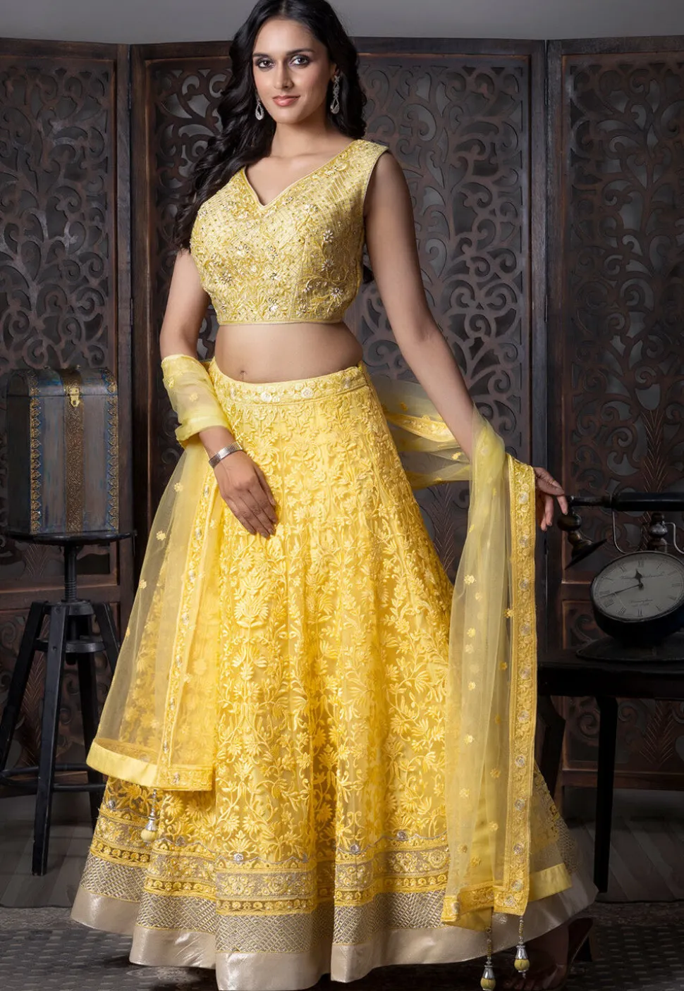 Embroidered Net Lehenga in Yellow