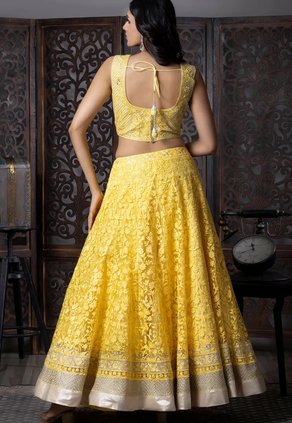 Embroidered Net Lehenga in Yellow