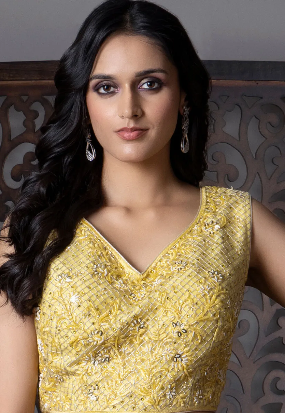 Embroidered Net Lehenga in Yellow