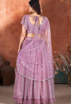 Embroidered Net Lehenga in Purple