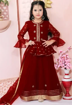 Embroidered Net Lehenga in Maroon