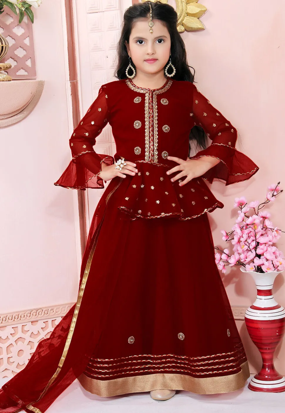 Embroidered Net Lehenga in Maroon