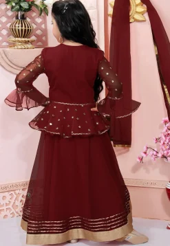 Embroidered Net Lehenga in Maroon