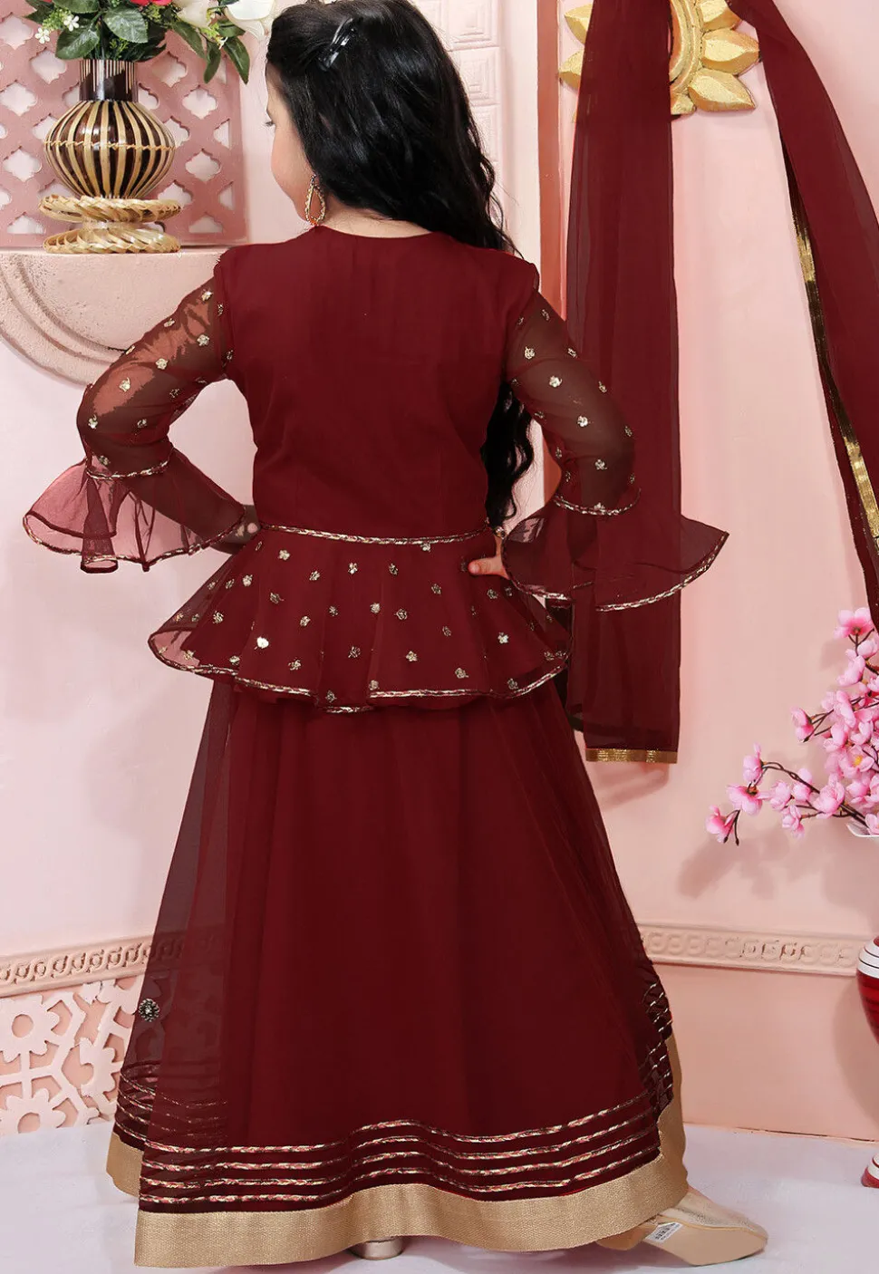Embroidered Net Lehenga in Maroon